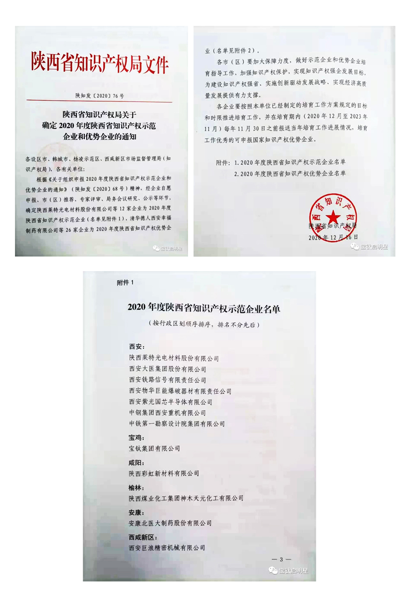 寶鈦集團榮獲陜西省知識產(chǎn)權(quán)示范企業(yè)稱號